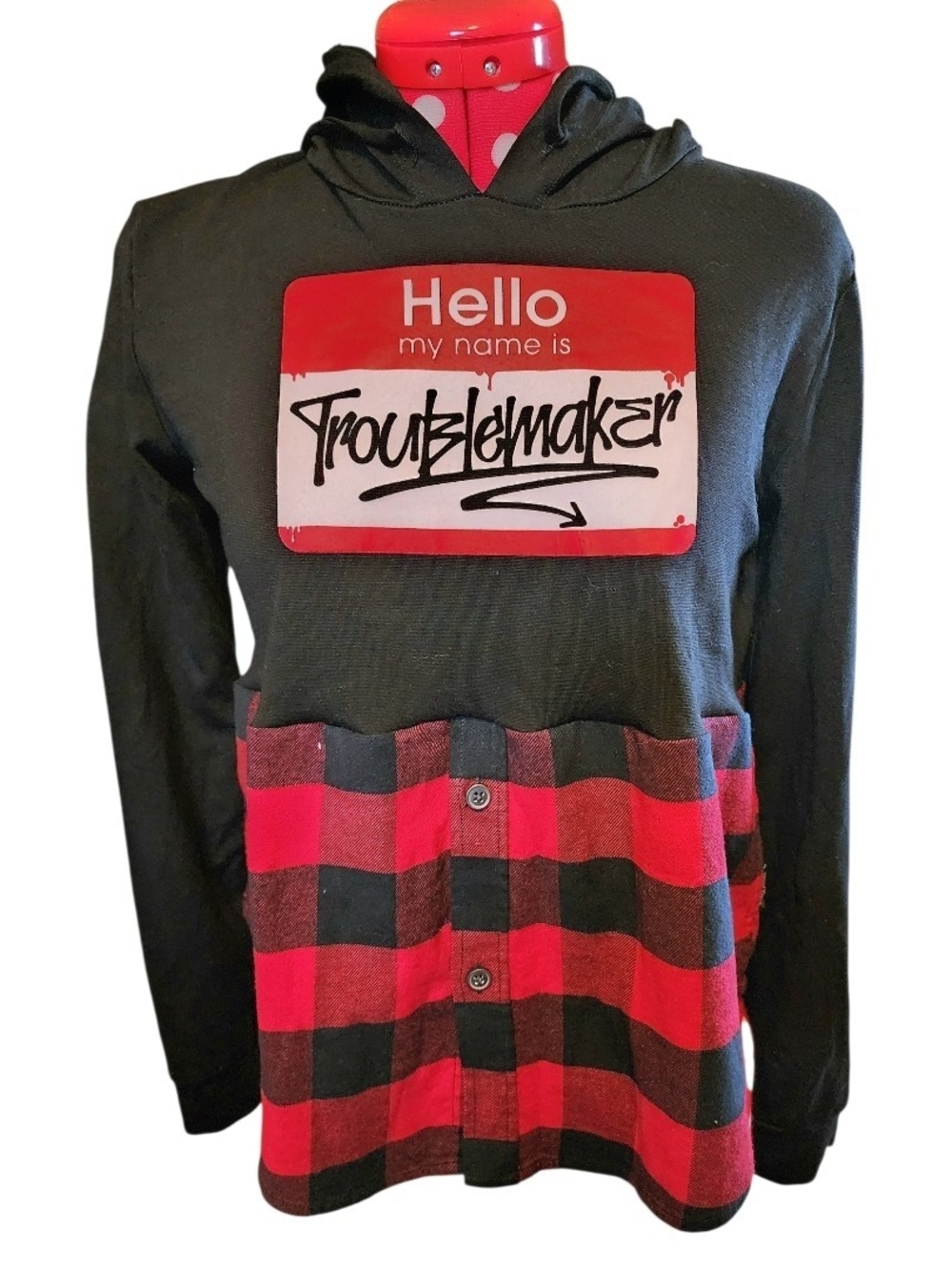 OOAK Black & Red 'Troublemaker' Hooded Top With Plaid Flannel Accent Bottom